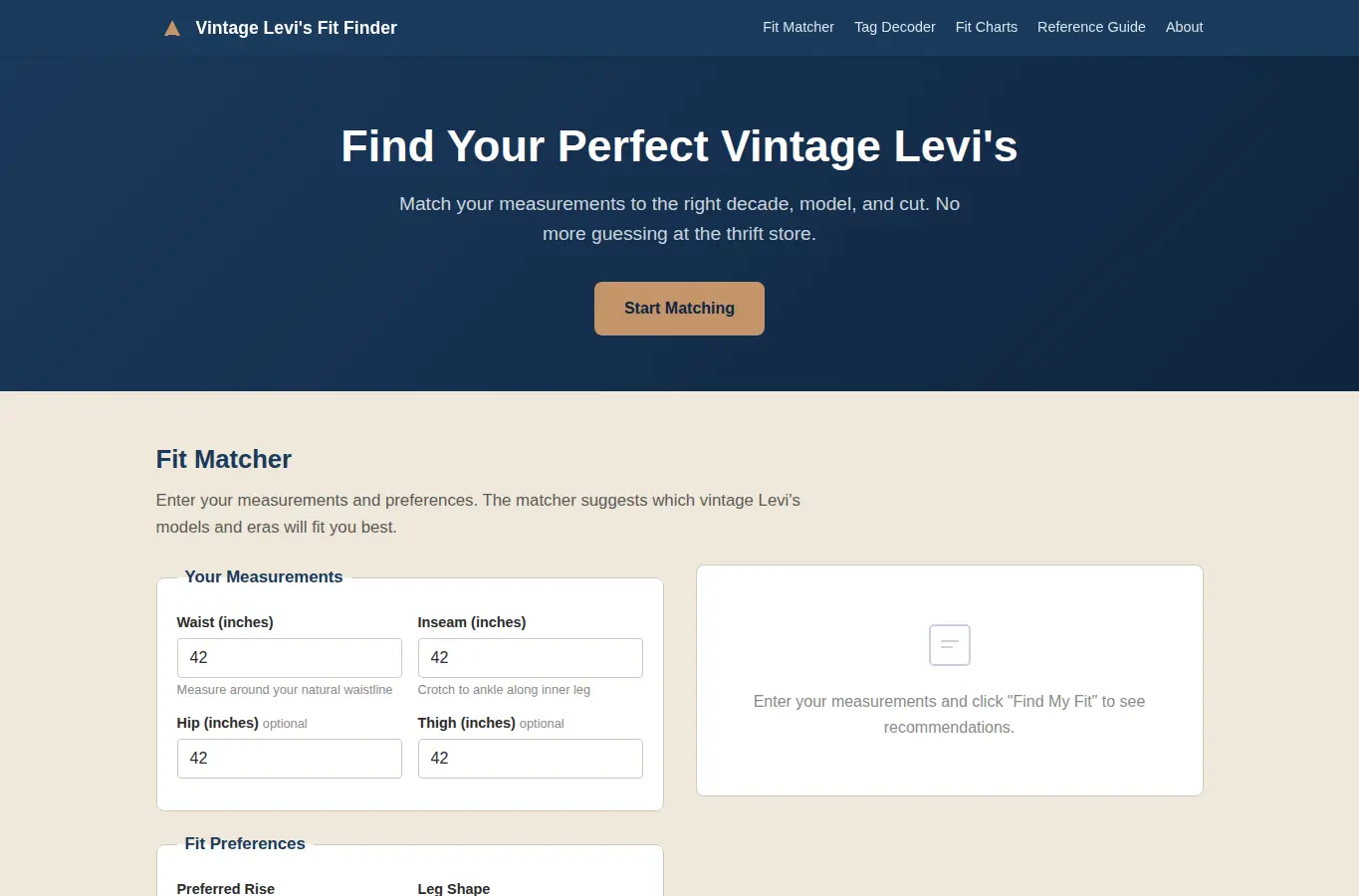 Screenshot of Vintage Levi's Fit Finder interface showing the project page in use